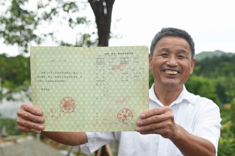 2017年6月13日，福建武平縣萬安鎮(zhèn)捷文村村民李桂林展示林權(quán)改革后領(lǐng)到的全國第一本新式林權(quán)證。