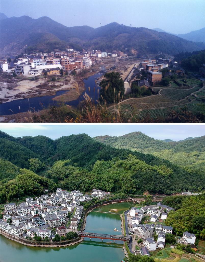 圖為浙江省杭州市淳安縣楓樹(shù)嶺鎮(zhèn)下姜村拼版圖，其中上圖為資料照片、下圖由新華社記者張鋮攝。
